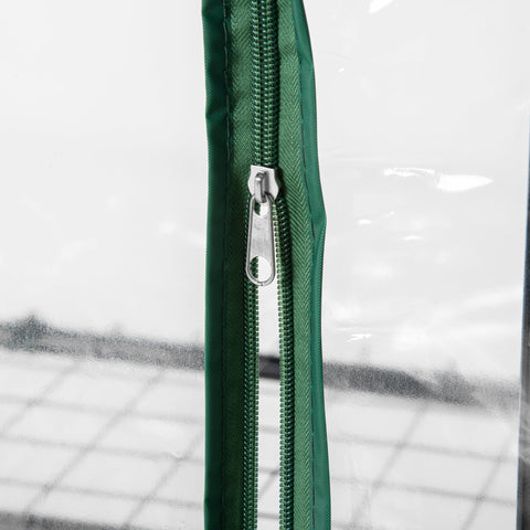 Green zipper with silver pull tab on outsunny mini portable greenhouse pvc cover with powder coated steel frame and four inside shelves