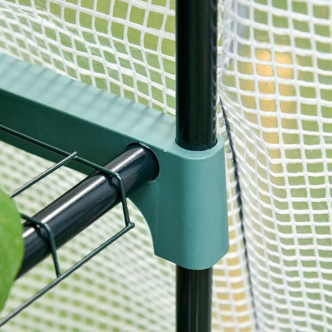 Teal plastic bracket securing black powder coated steel poles in outsunny portable greenhouse with four inside shelves
