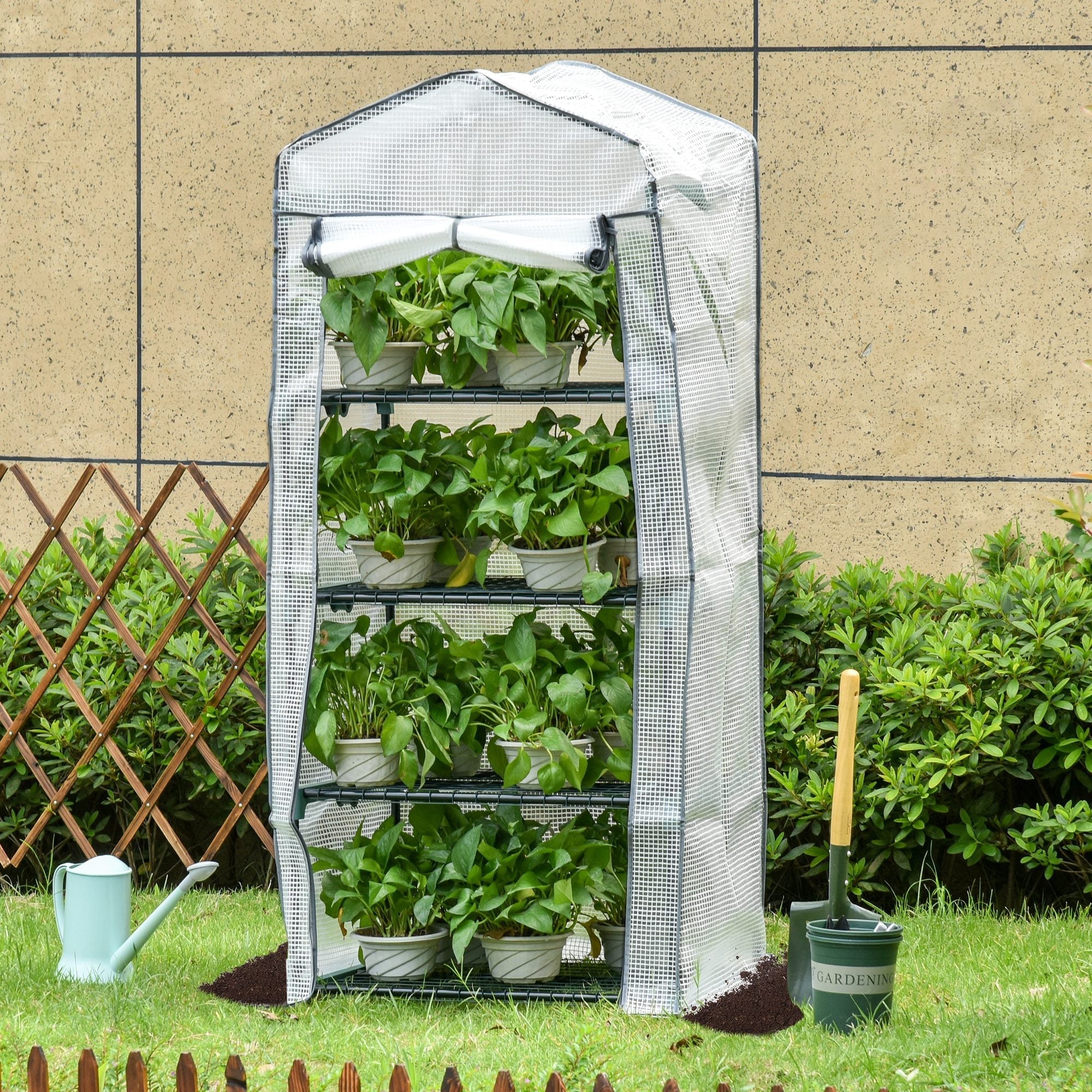 Outsunny portable greenhouse with white mesh cover, powder coated steel frame, and four inside shelves holding green plants