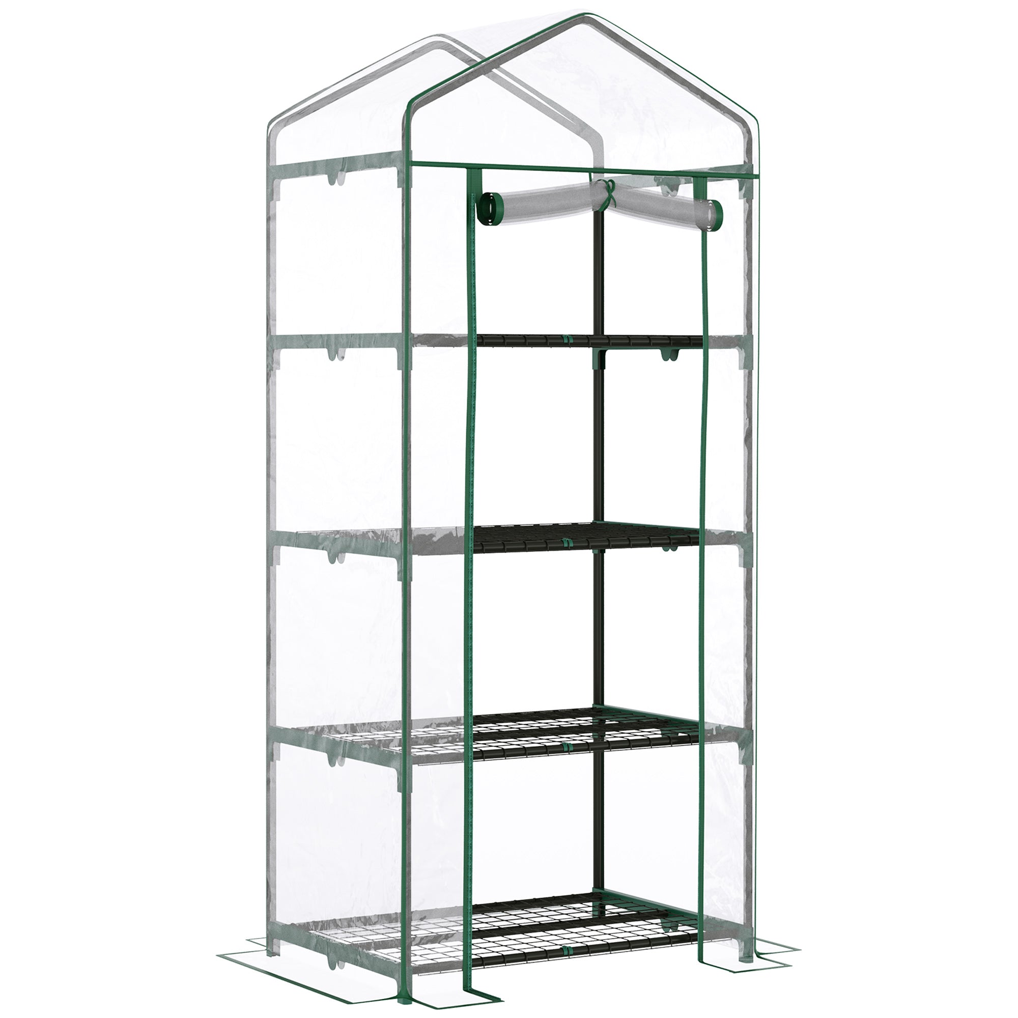 Outsunny four tier mini portable greenhouse with powder coated steel frame pvc cover and four inside shelves in black