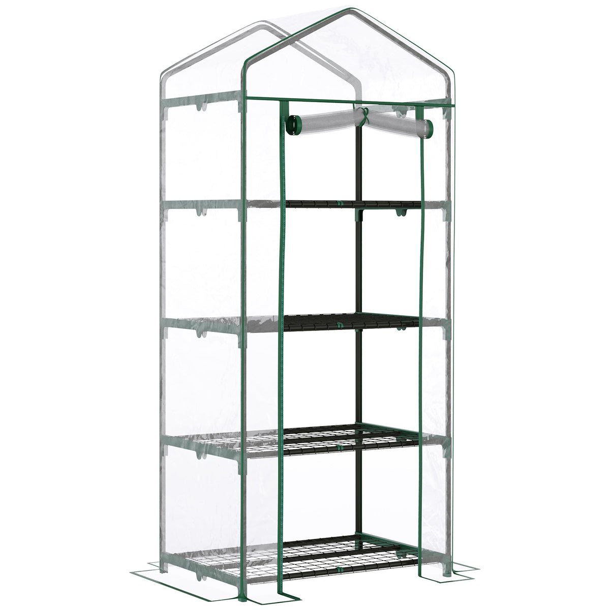 Outsunny four tier mini portable greenhouse with powder coated steel frame pvc cover and four inside shelves in black