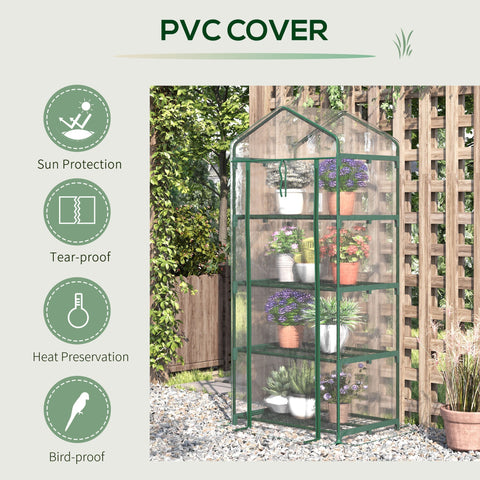 Outsunny green metal framed mini greenhouse with powder coated steel frame pvc cover and four inside shelves with plants
