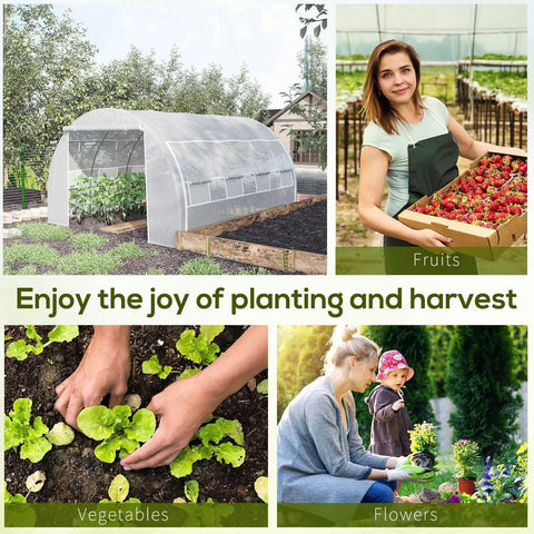 White mesh polytunnel greenhouse with transparent panels and galvanised steel frame for garden use