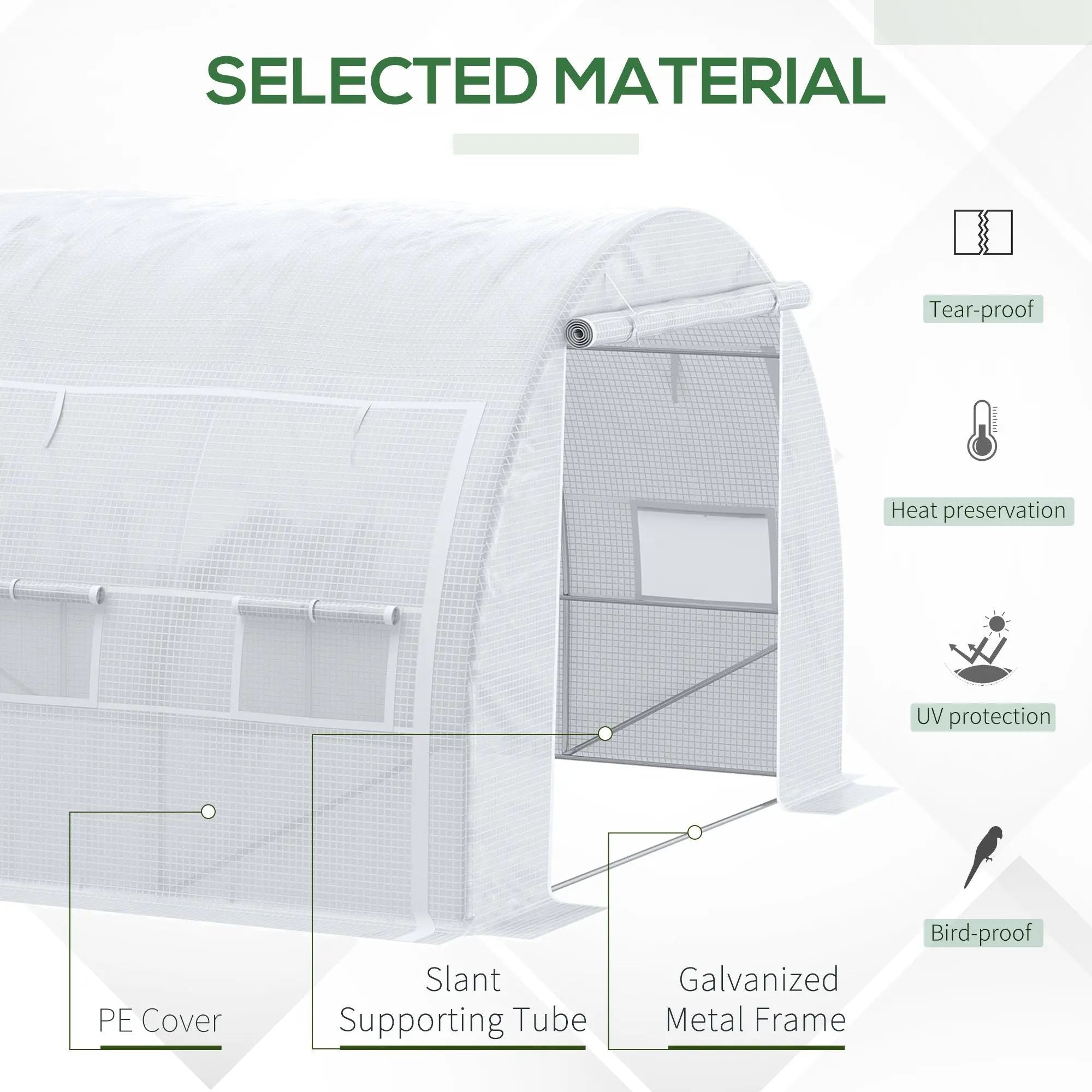 White pe cover outsunny polytunnel greenhouse with galvanized steel frame and slant supporting tubes for garden use