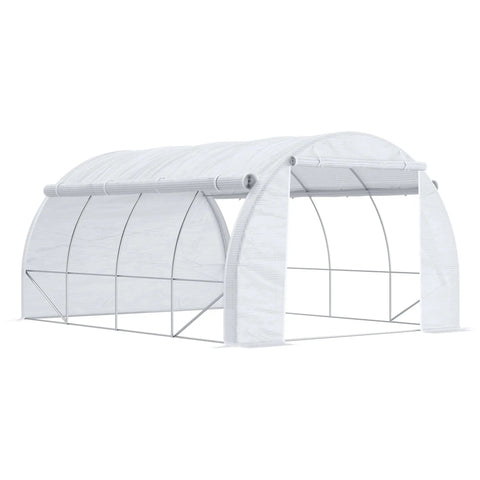 Outsunny white polytunnel greenhouse with roll-up side walls and curved galvanised steel frame for garden use