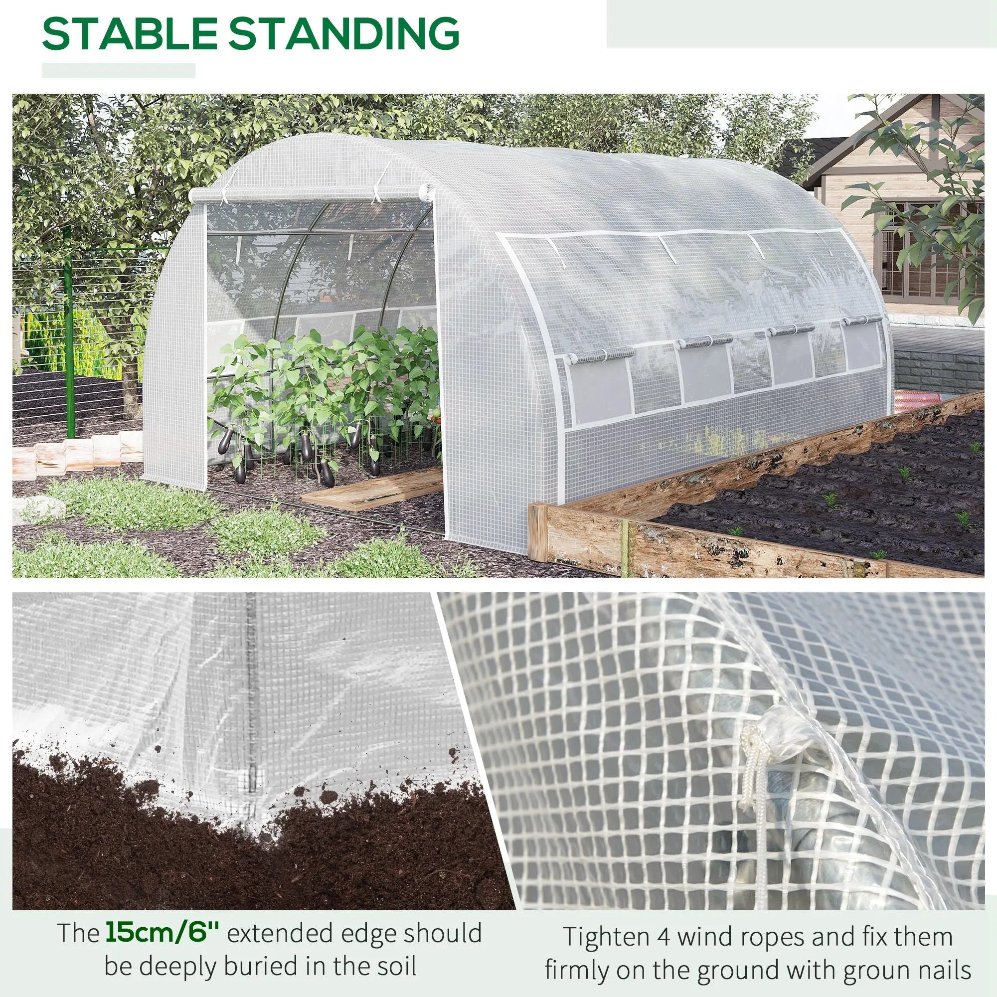 White outsunny polytunnel greenhouse with roll-up side walls and galvanised steel frame for garden use