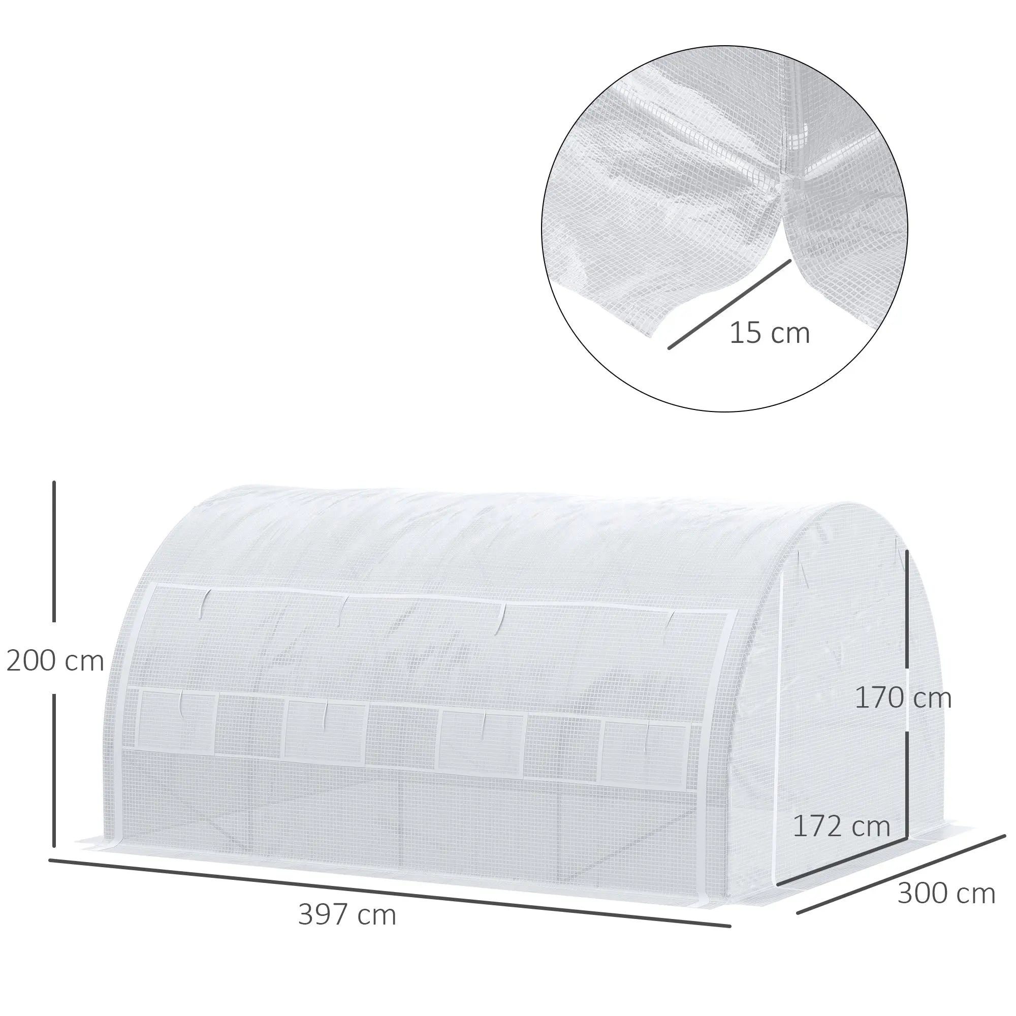 White mesh polytunnel greenhouse with galvanized steel frame, reinforced seams, and integrated storage pockets for garden use