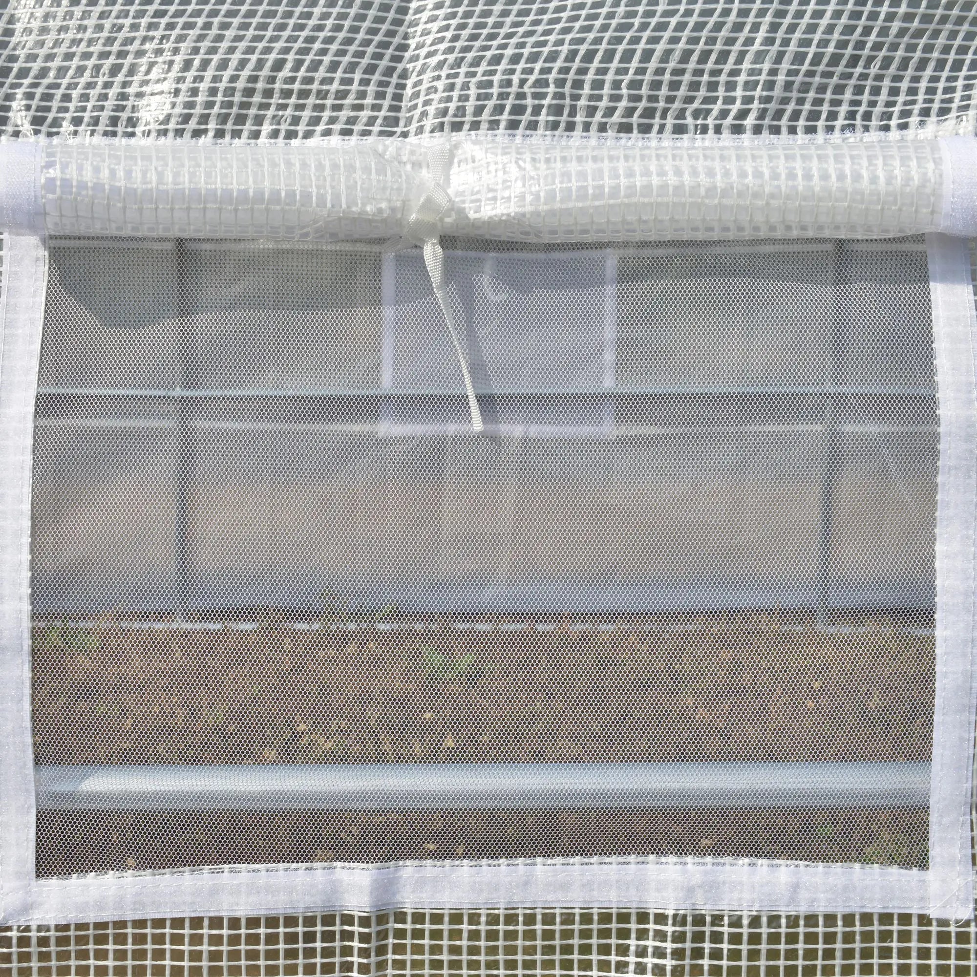 Outsunny white mesh polytunnel greenhouse cover with reinforced edges and rolled-up top on galvanised steel frame