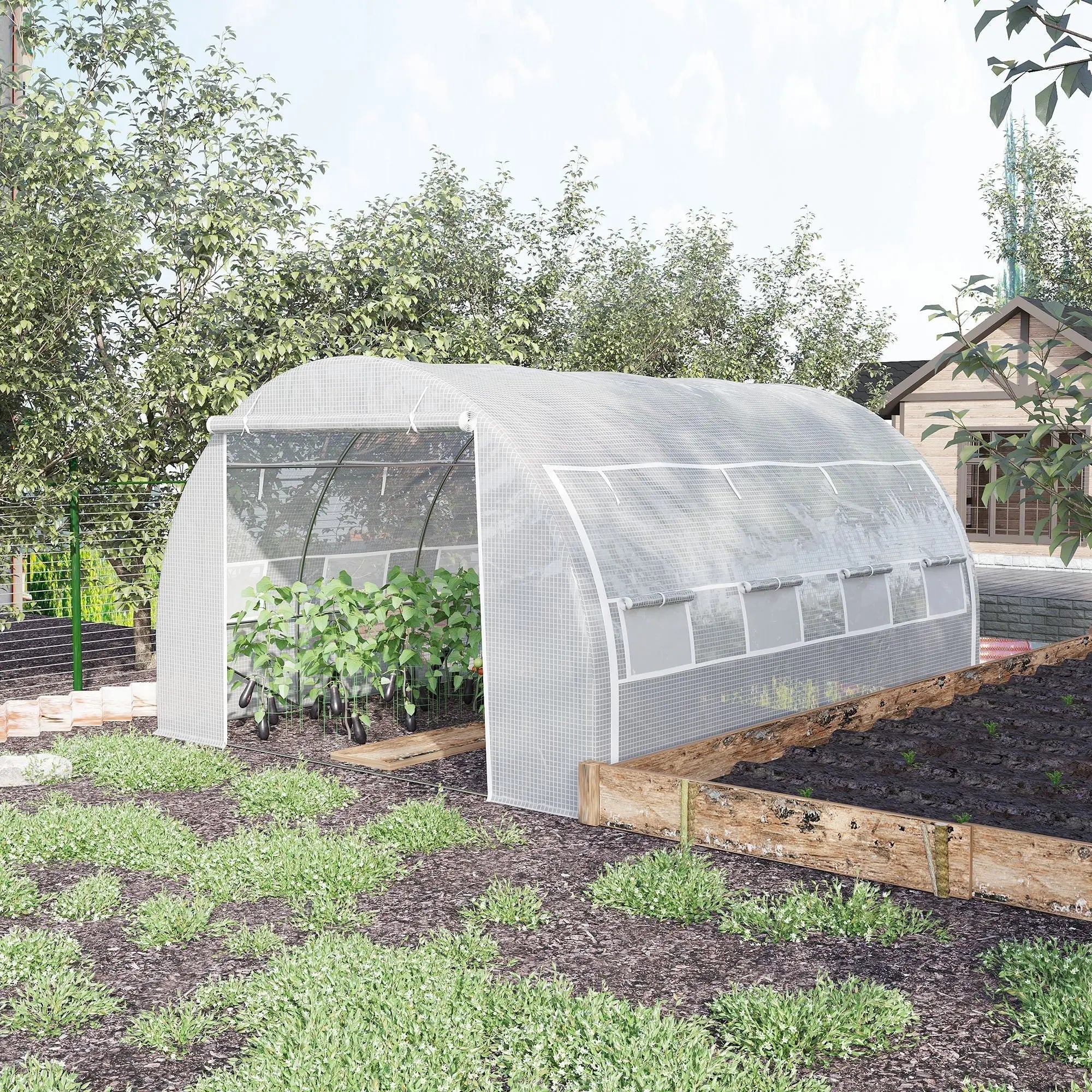Outsunny 4 x 3 x 2 m polytunnel greenhouse with white mesh sides and galvanized steel frame housing green plants inside