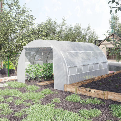 Outsunny 4 x 3 x 2 m polytunnel greenhouse with white mesh sides and galvanized steel frame housing green plants inside