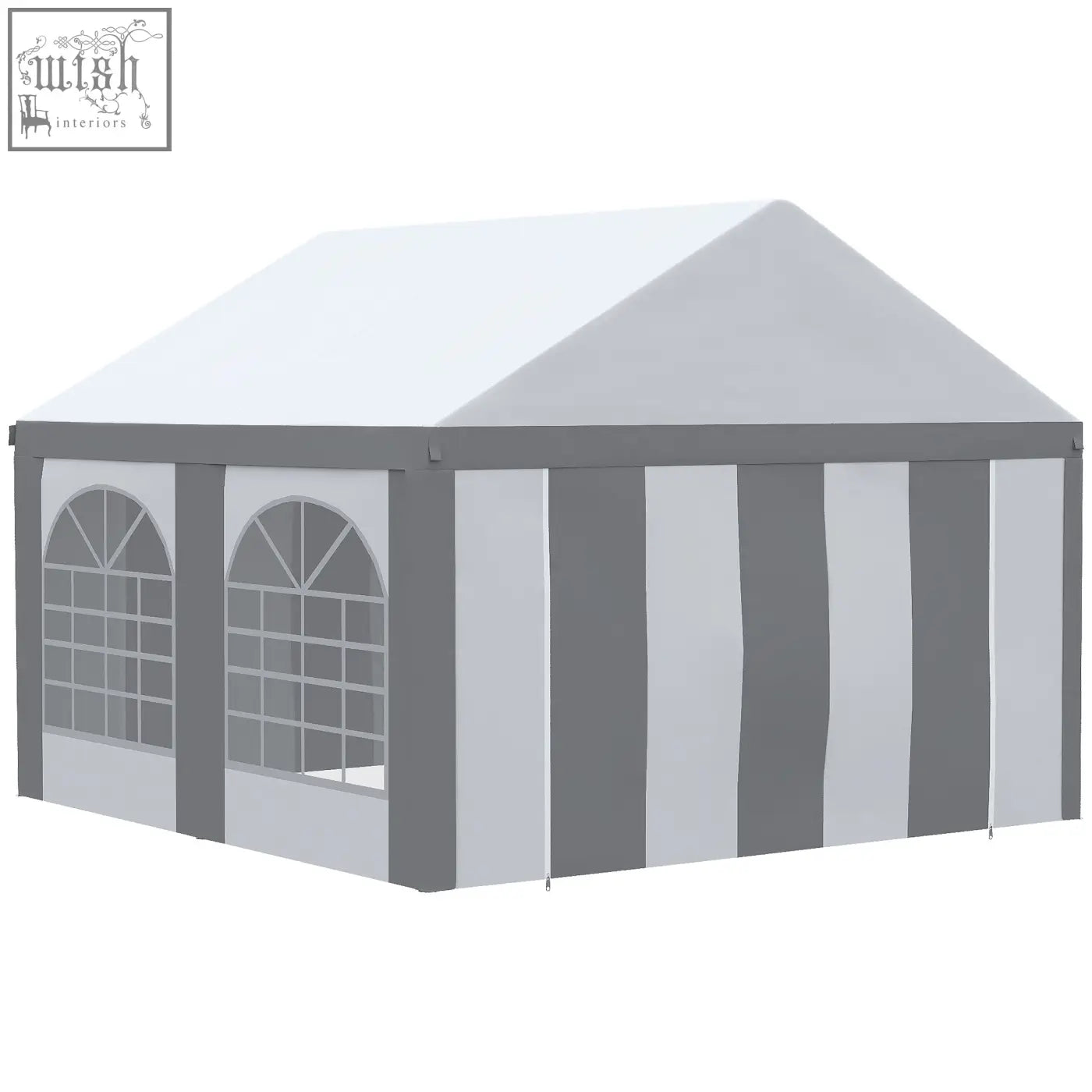 Gray and white striped marquee gazebo with arched window panels and galvanised steel frame for parties and events