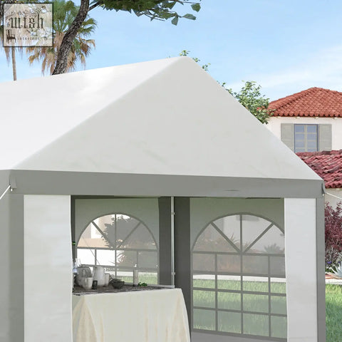 White and gray pop-up party tent with arched windows featuring galvanised steel frame marquee gazebo for events