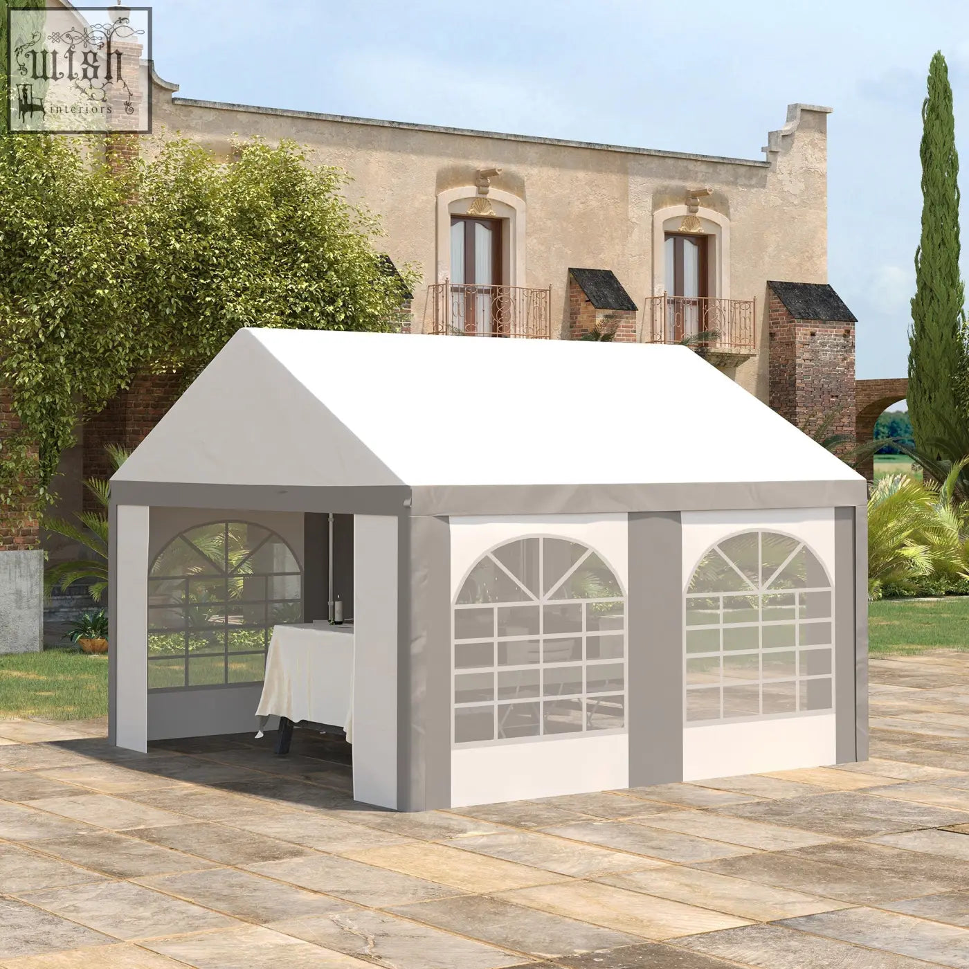 White and gray outdoor marquee gazebo with arched windows and galvanised steel frame for parties and weddings
