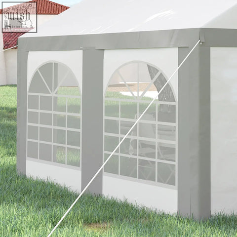 White and gray pop-up marquee gazebo with galvanised steel frame, arched windows, and double doors for parties and events