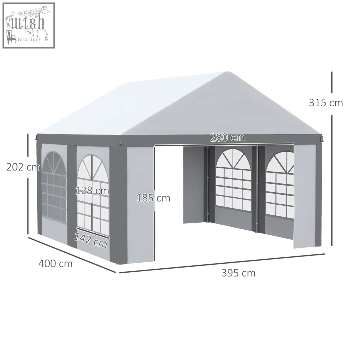 Gray and white pop-up party tent with arched window panels and galvanised steel frame for events and weddings