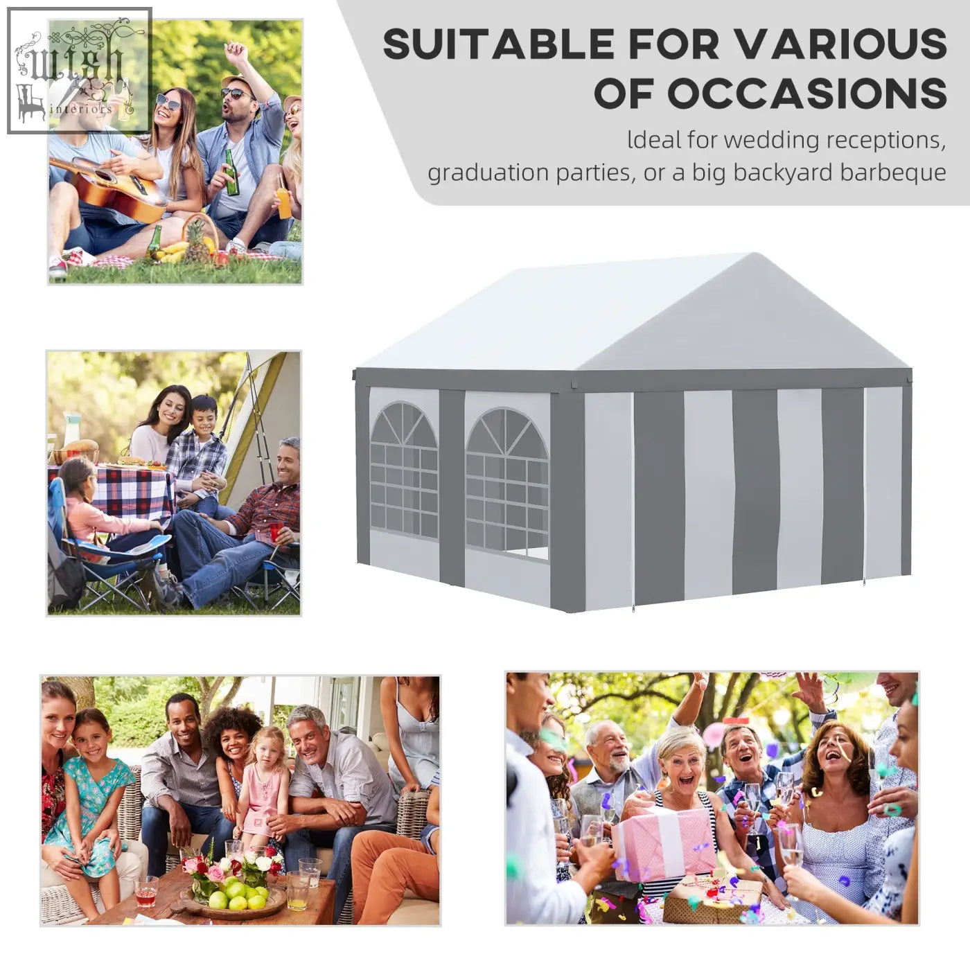 Gray and white striped pop-up party tent with arched windows and galvanised steel frame for weddings and events