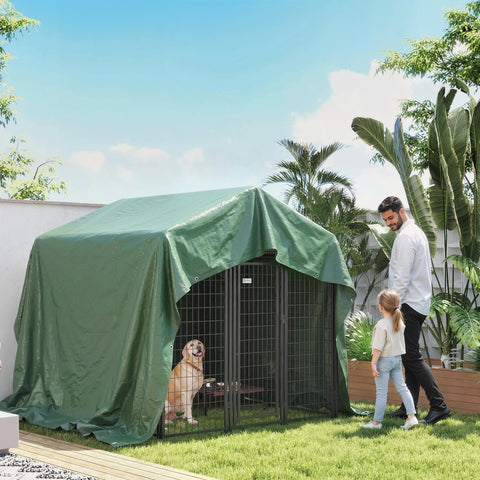 Green fabric-covered dog run with metal grid doors featuring waterproof coating and reinforced grommets for diy greenhouses