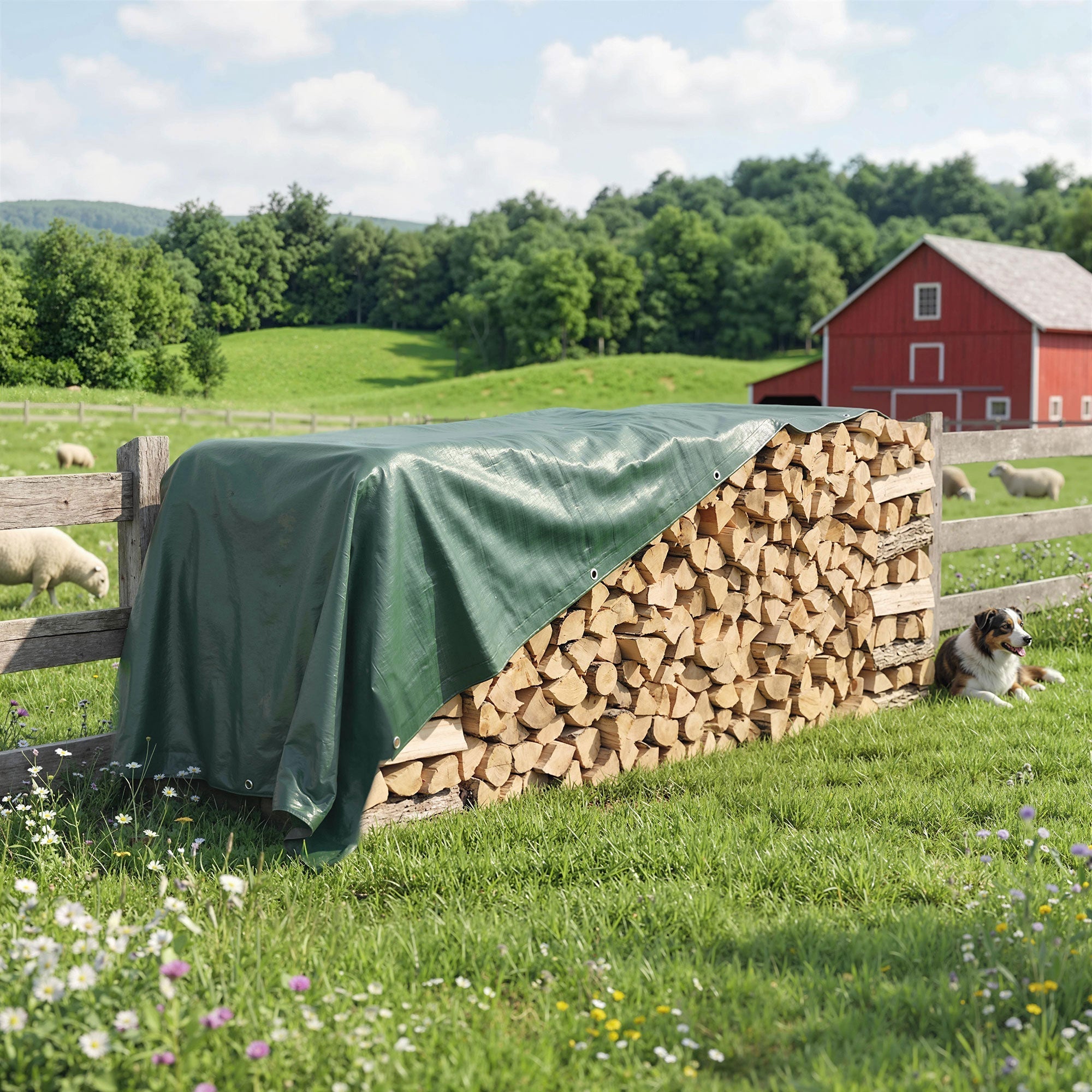 Green waterproof tarp with reinforced grommets and waterproof coating covering firewood for diy greenhouses and outdoor use