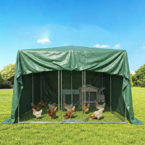 Green tarp-covered chicken coop with metal frame and wire mesh features waterproof coating and reinforced grommets, perfect for diy greenhouses