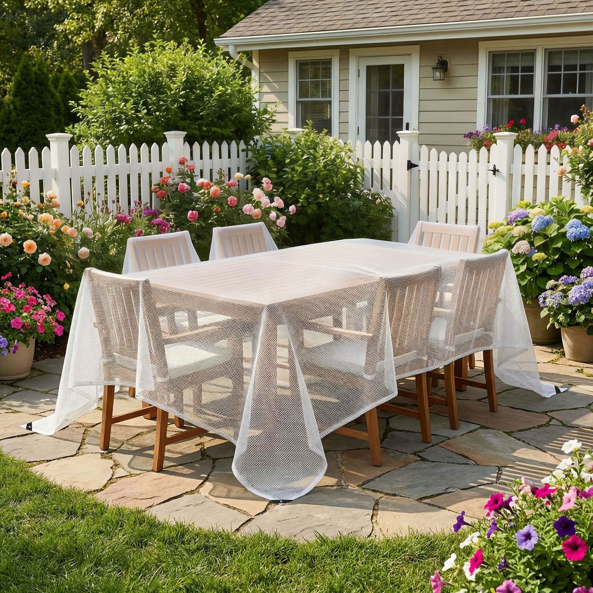 White mesh table cover with waterproof coating and reinforced grommets ideal for diy greenhouses and outdoor use