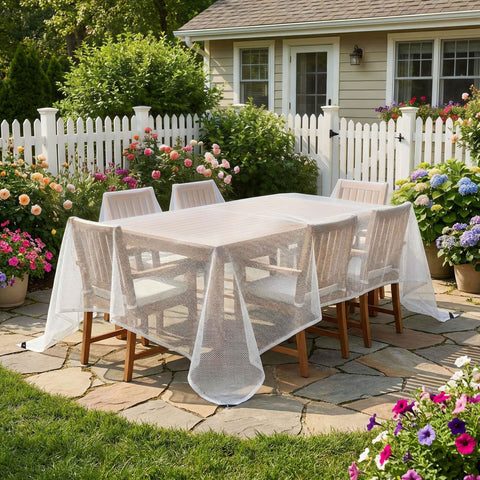 White mesh table cover with waterproof coating and reinforced grommets ideal for diy greenhouses and outdoor use