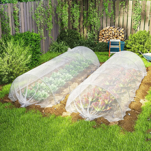Two white mesh garden row covers with reinforced grommets and waterproof coating used for diy greenhouses and veggie patches