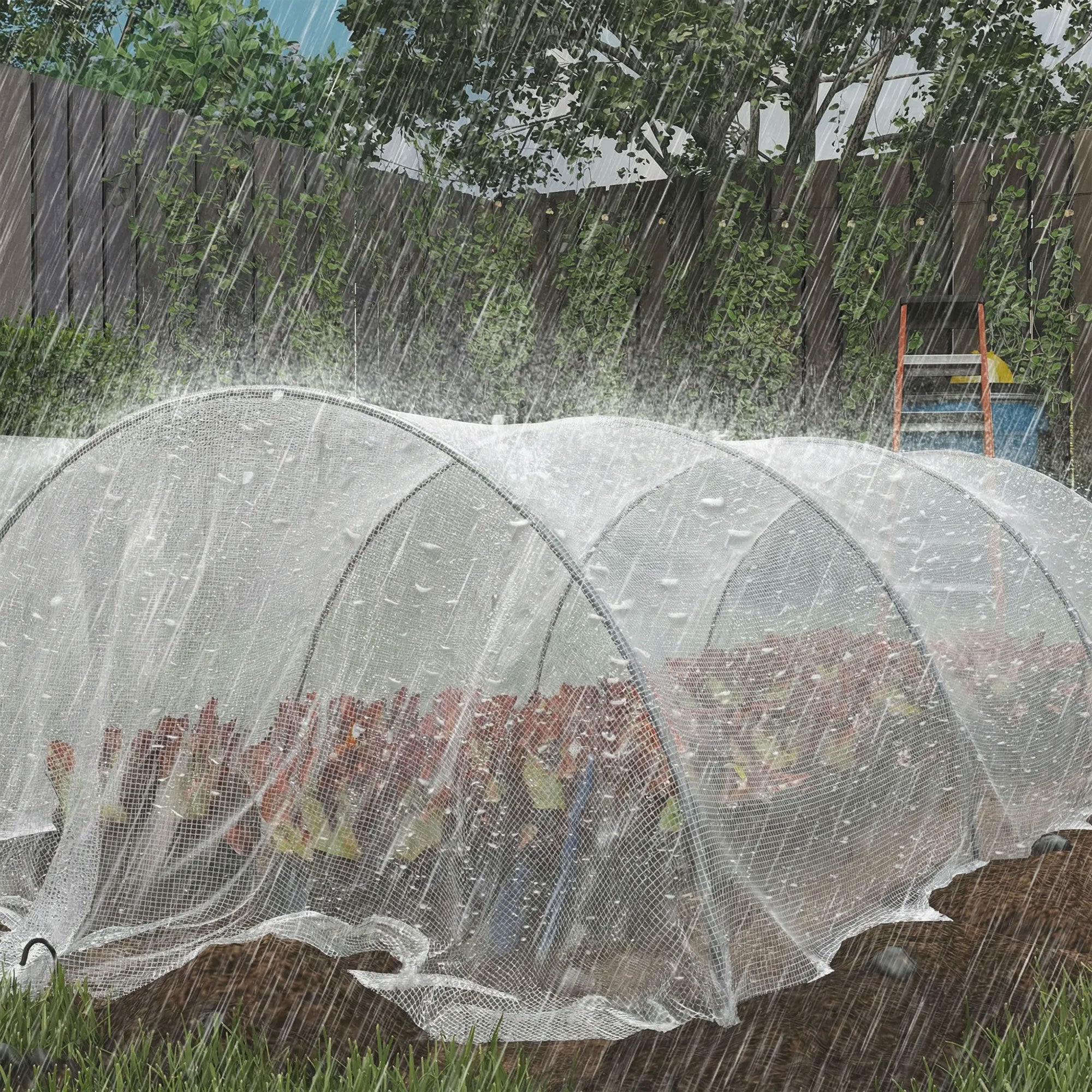 White mesh garden row cover with waterproof coating and reinforced grommets protecting leafy greens in rainstorm for diy greenhouses