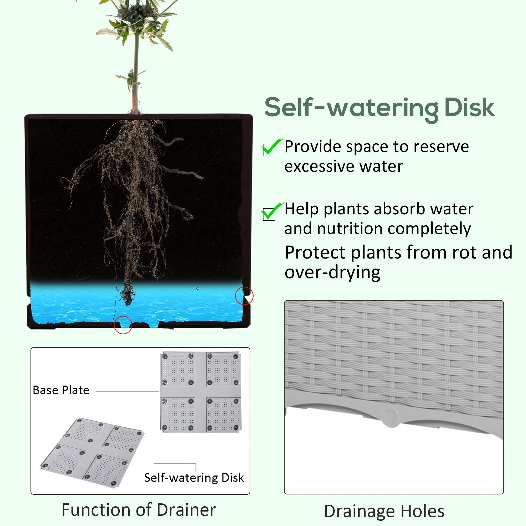 Gray woven plastic self-watering disk with black base plate and blue reservoir for outsunny planter box 40cm x 40cm box dimension