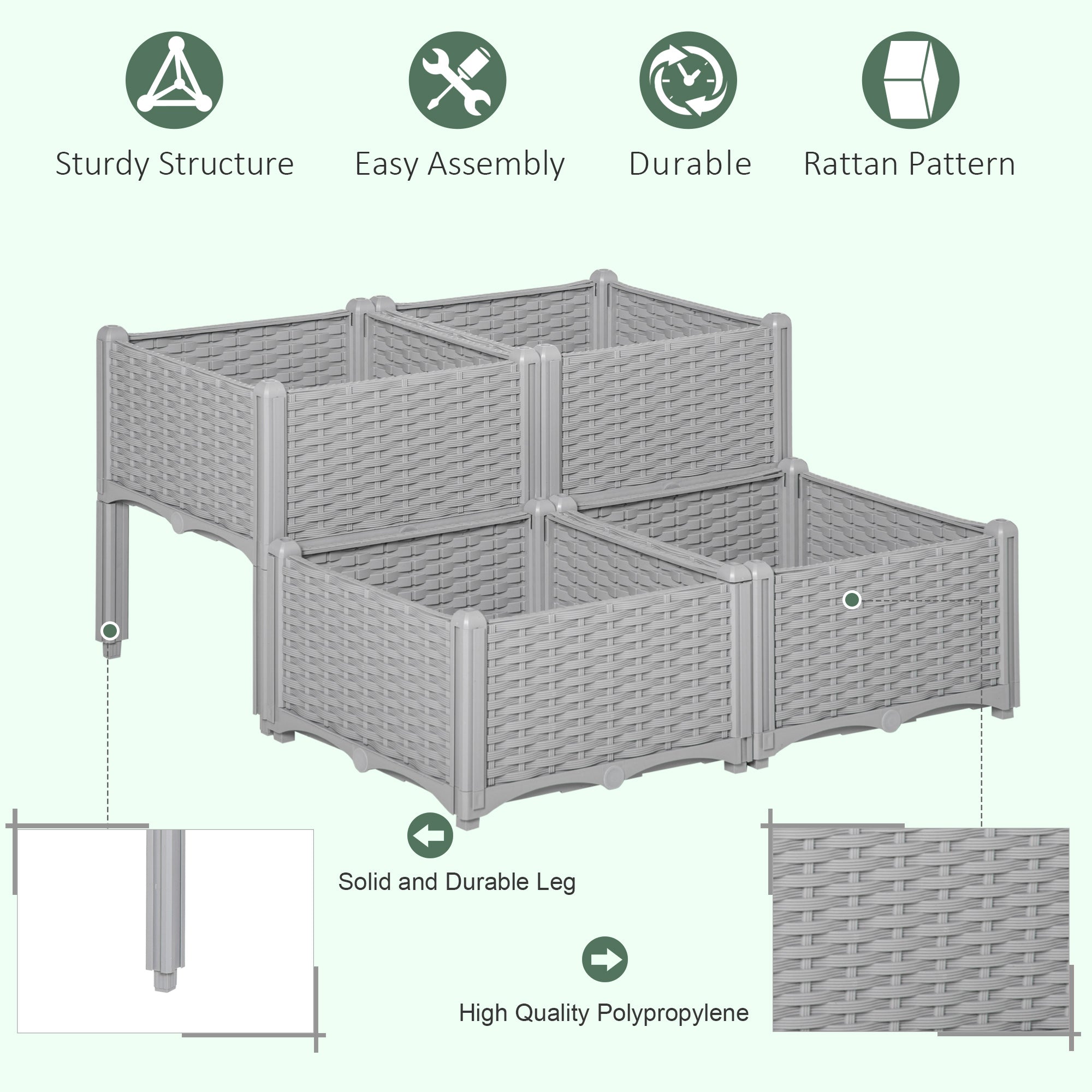 Gray woven plastic planter box with rattan pattern sturdy legs and 40cm x 40cm x 44cm box dimension