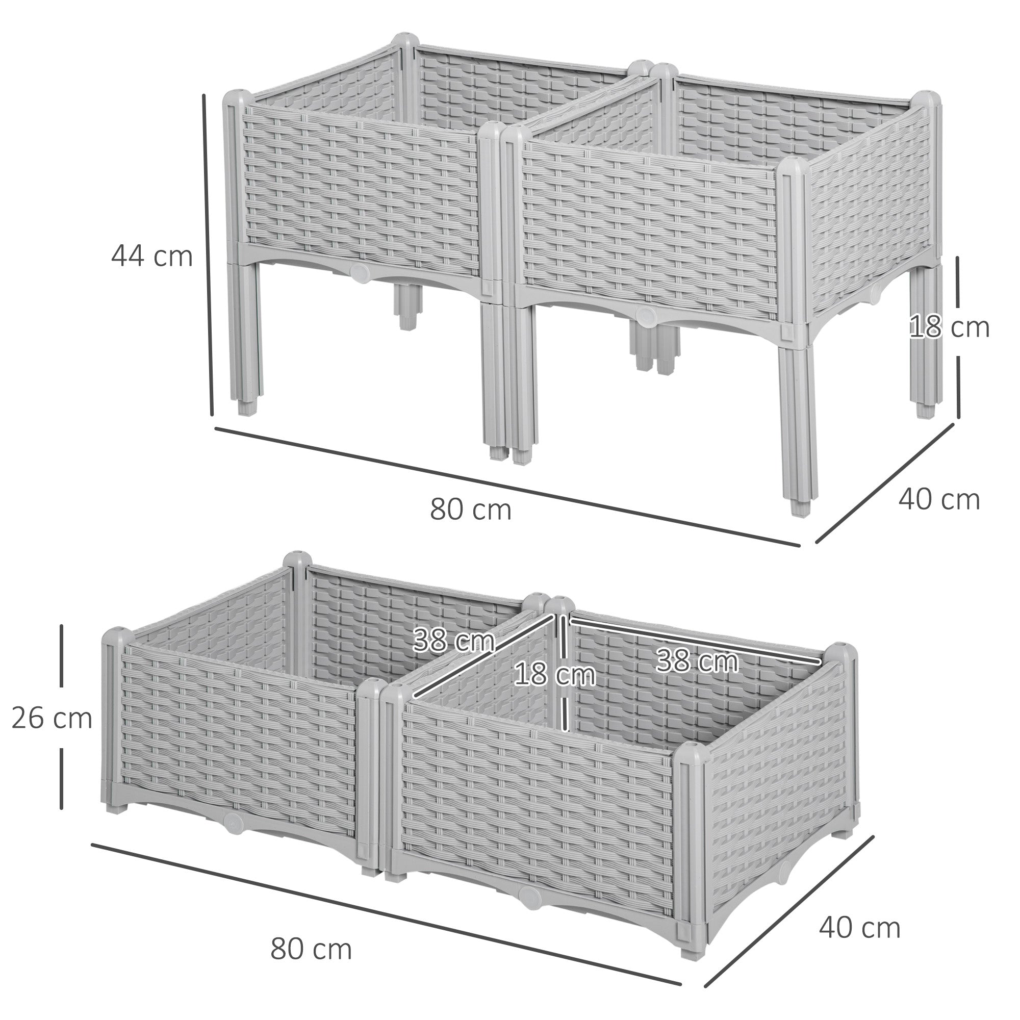 Gray plastic planter box with woven texture 40l x 40w dimension divided sections for garden planting