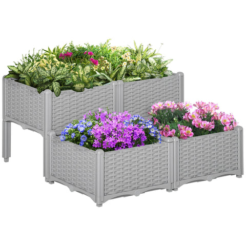 Gray woven plastic planter box set with wicker texture 40cm x 40cm x 44cm filled with vibrant flowers and plants
