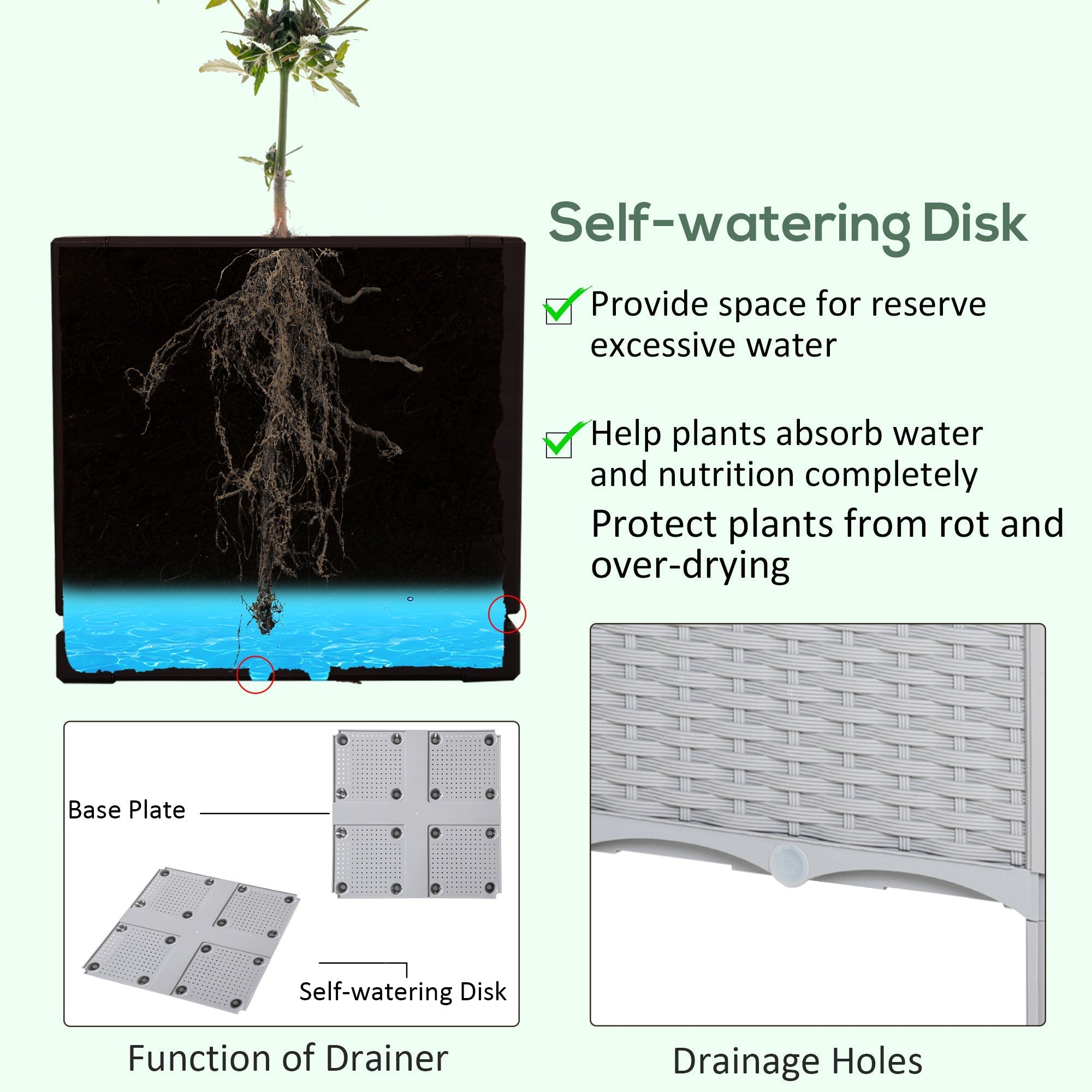 Black self-watering disk with blue reservoir for plant hydration and root protection fits planter box dimension 40cm x 40cm x 44cm