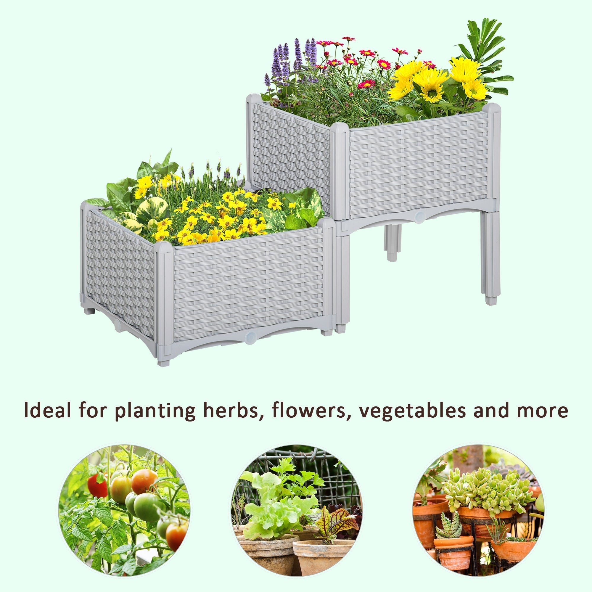 Gray woven plastic planter box with wicker texture and sturdy legs 40l x 40w perfect for herbs flowers or veggies