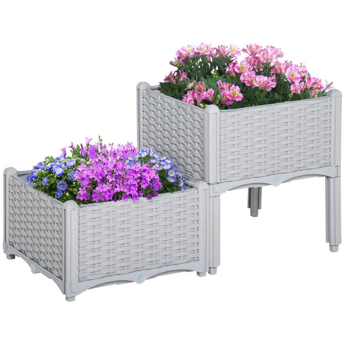 Gray woven plastic planter box set with arched legs and floral arrangements 40l x 40w dimension elevated design