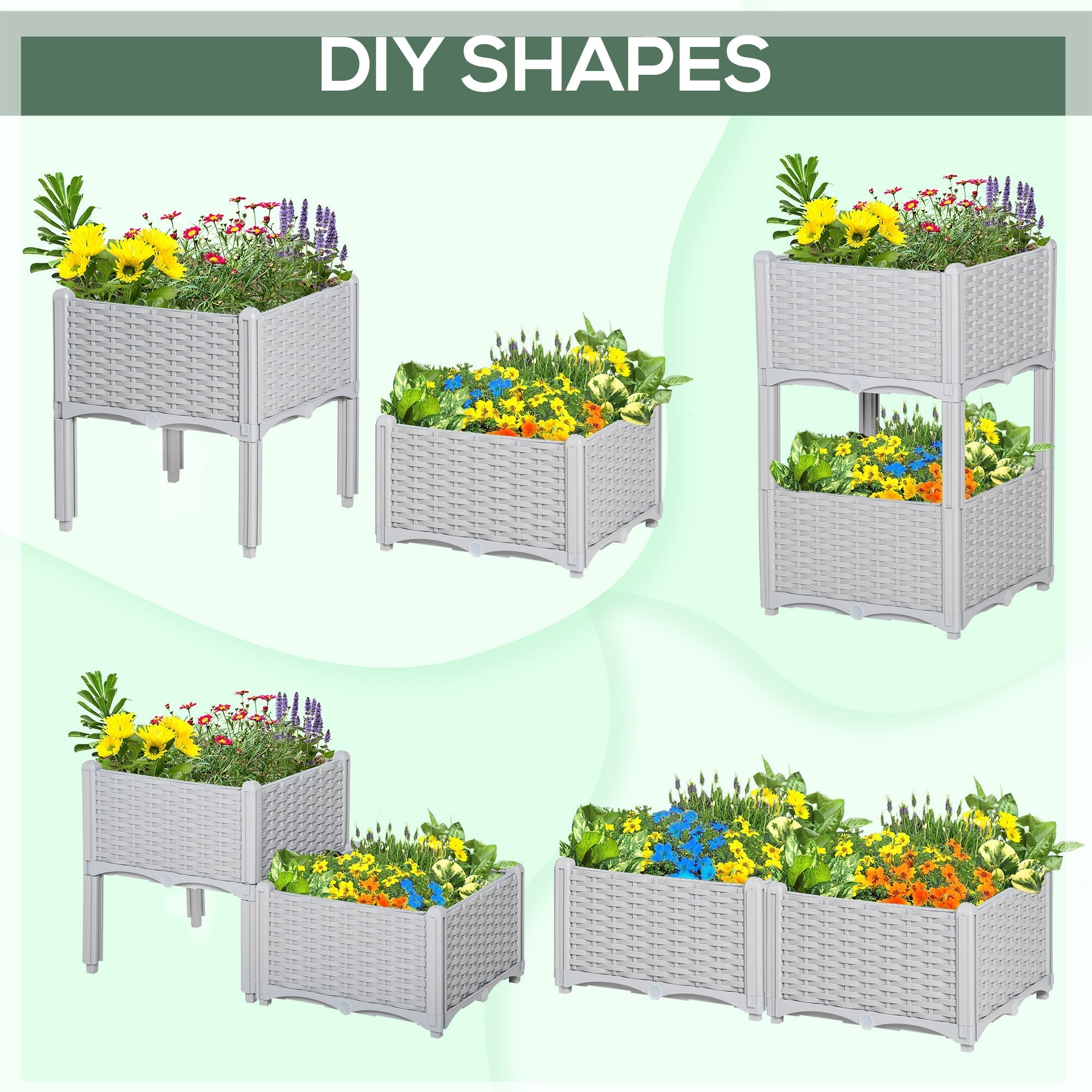 Outsunny grey woven plastic planter box set with 26l capacity and 40cm x 40cm x 44cm box dimension filled with flowers
