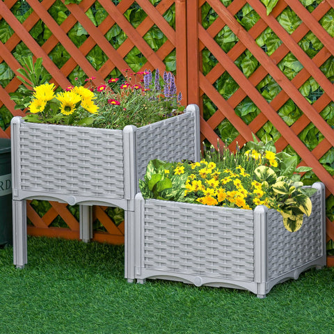 Outsunny grey woven plastic planter box 40l x 40w with lattice design and sturdy legs filled with yellow flowers