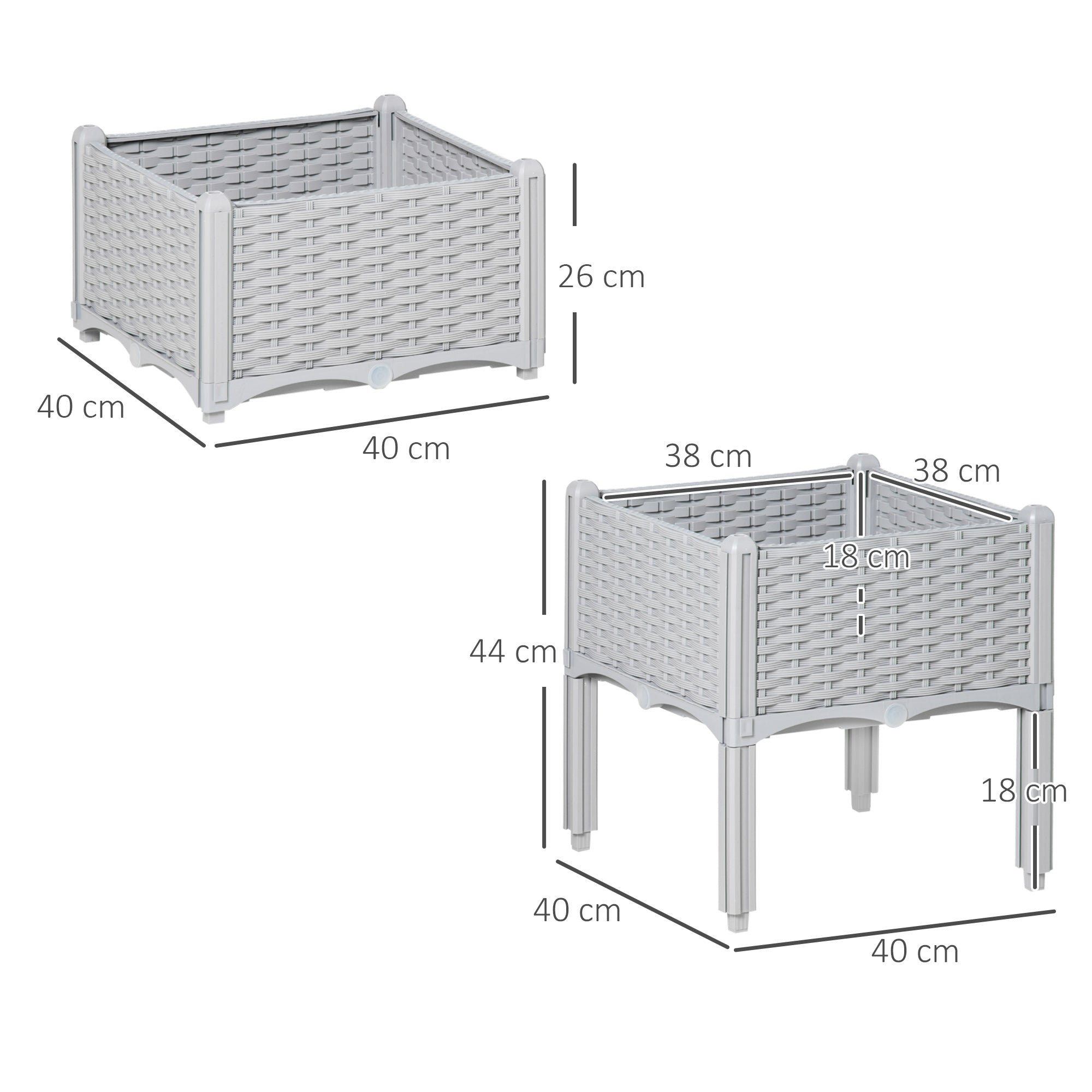 Gray plastic wicker planter box with woven texture and sturdy legs 40l x 40w for garden raised bed use