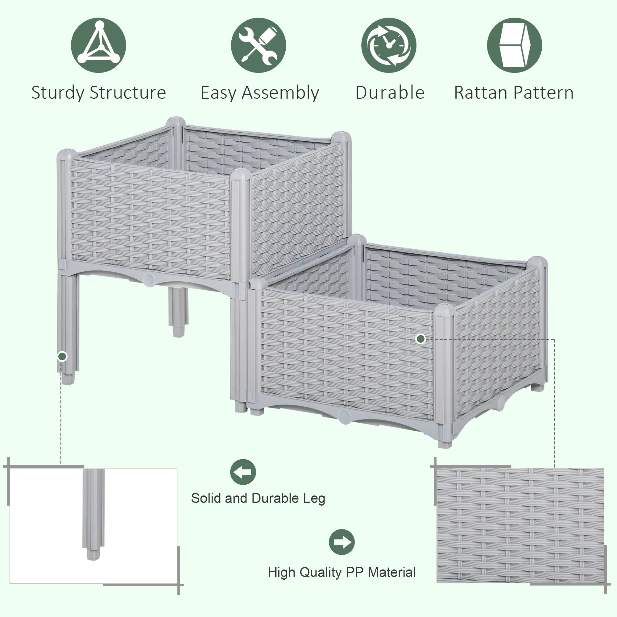 Gray plastic planter box with woven rattan pattern sturdy legs and 40cm by 40cm planter box dimension for gardening