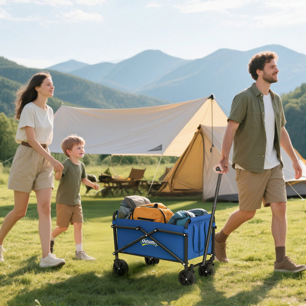 Blue outsunny 41l foldable cargo bag wagon with splash-resistant oxford fabric and black wheels for camping and festivals