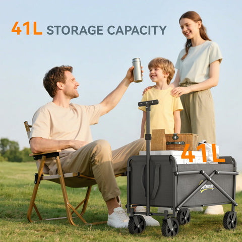 Black foldable wagon with 41l storage made of splash-resistant oxford fabric and adjustable handle for easy transport