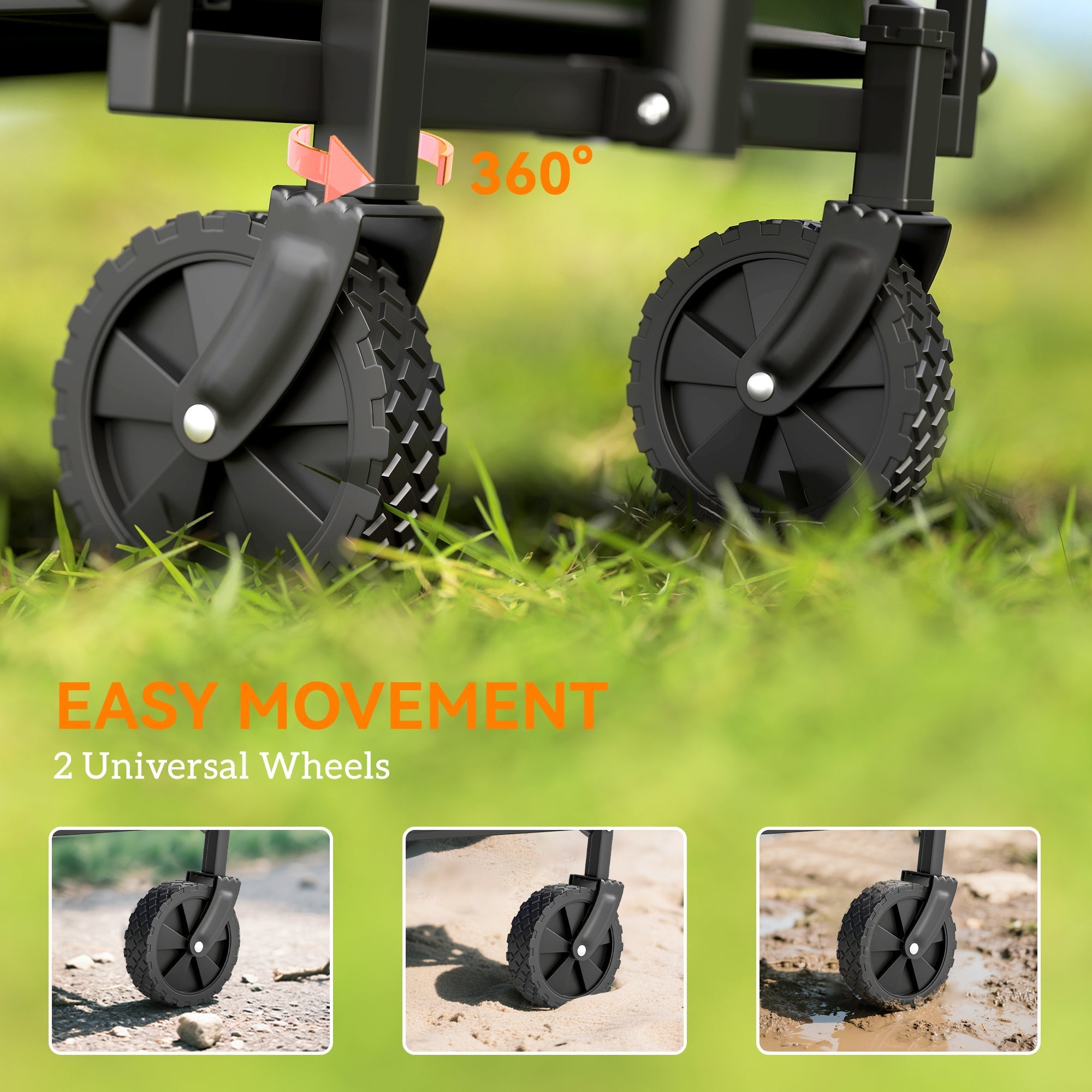 Black 360-degree universal wheels with silver axles on outsunny 41l festival trolley with splash-resistant oxford fabric cargo bag