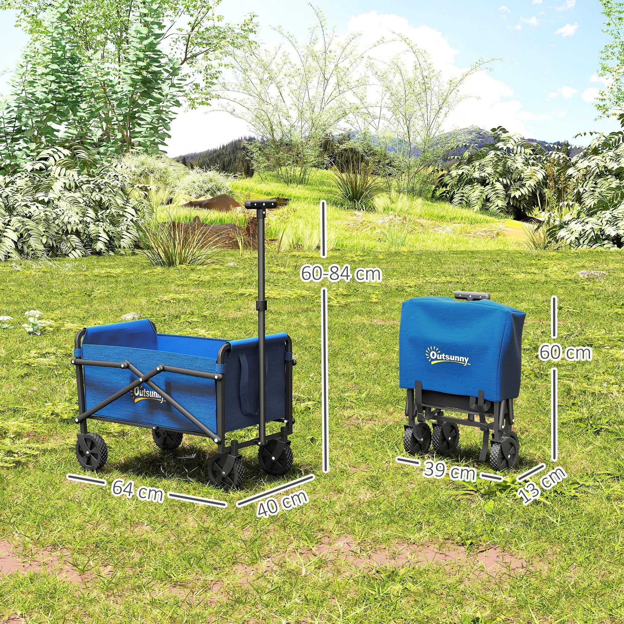 Blue outsunny collapsible wagon made of splash-resistant oxford fabric with black metal frame and cargo bag for camping