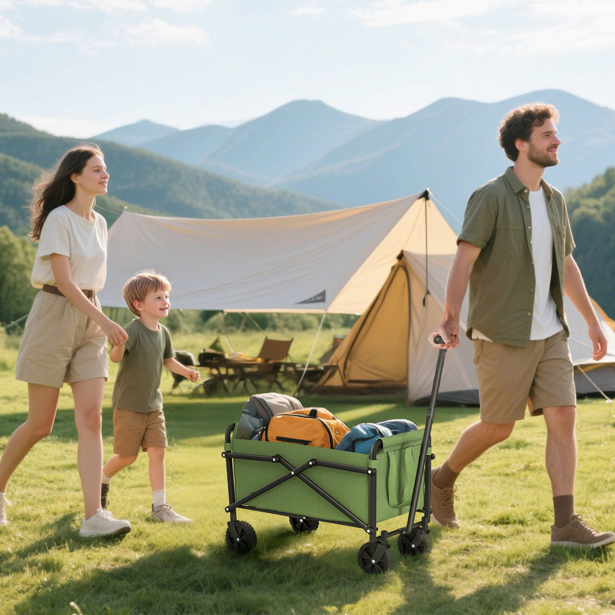 Green outsunny foldable camping wagon with splash-resistant oxford fabric cargo bag and black metal frame wheels