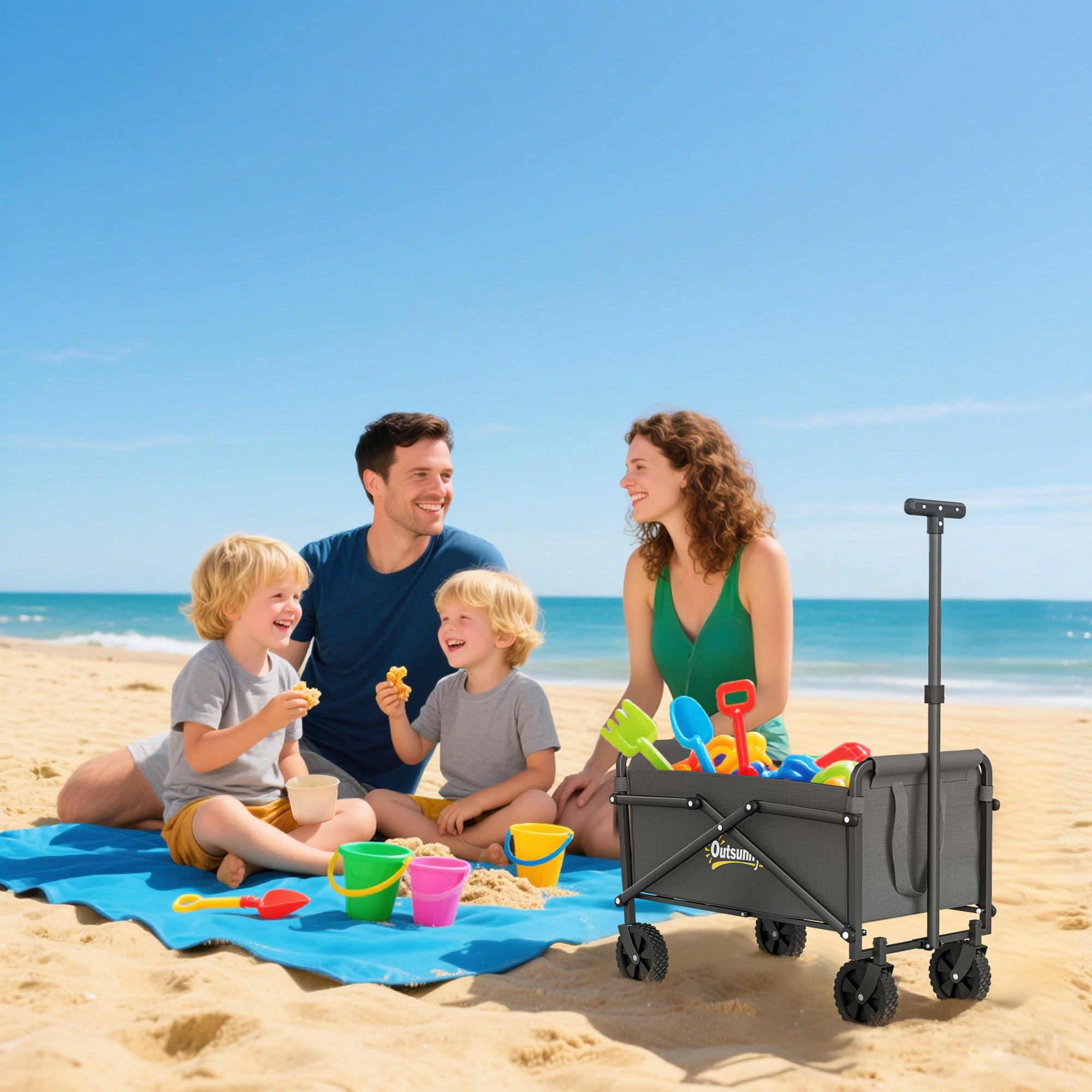 Black foldable outsunny 41l festival trolley with wheels handle and colorful sand toys made of splash-resistant oxford fabric