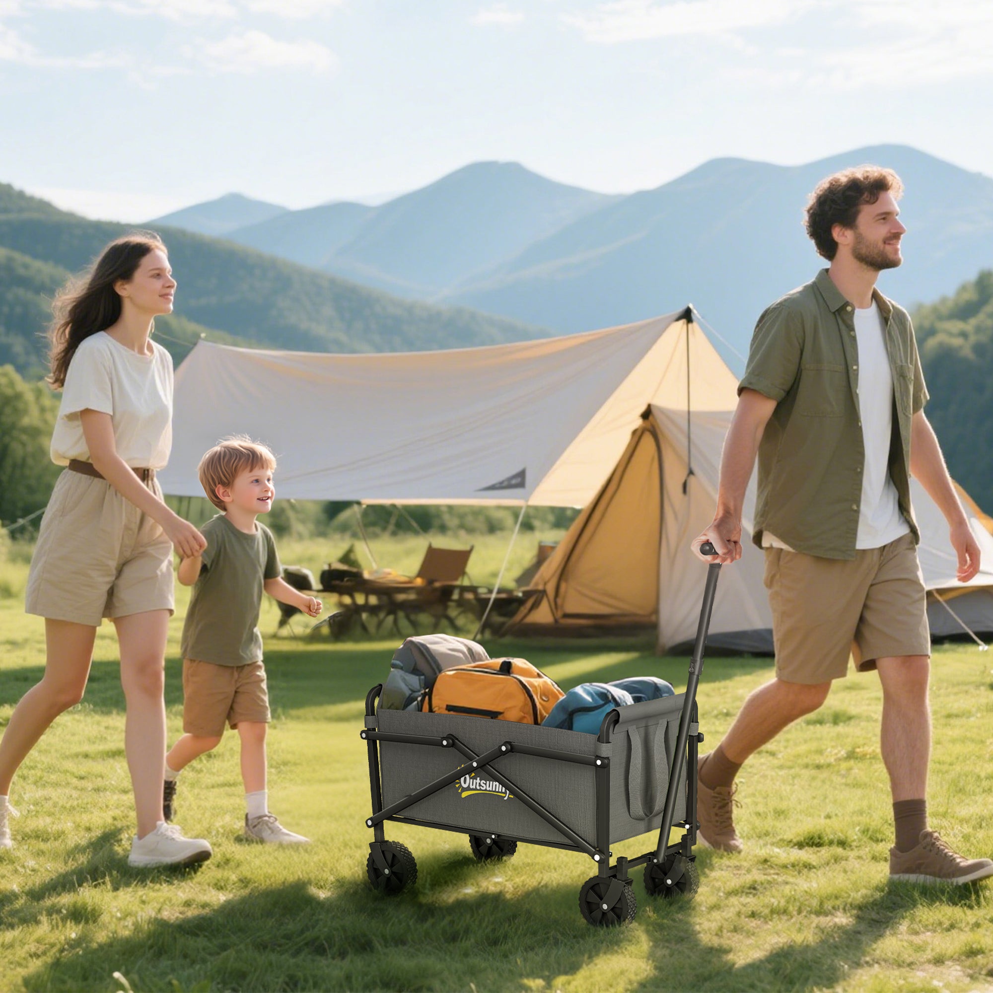 Gray outsunny foldable wagon with splash-resistant oxford fabric cargo bag and black wheels for camping and festivals