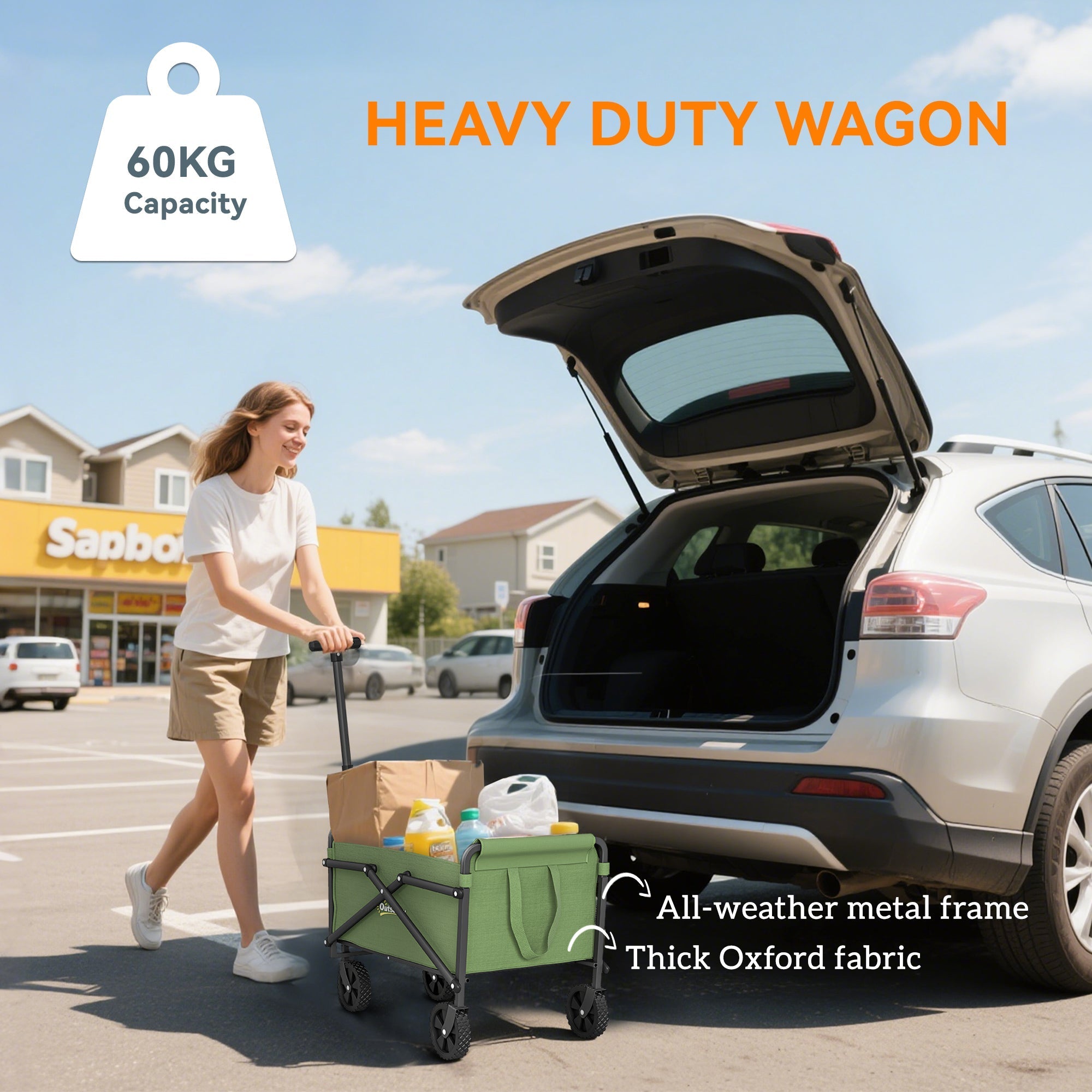 Green outsunny 41l foldable wagon with splash-resistant oxford fabric and all-weather metal frame for camping and festivals