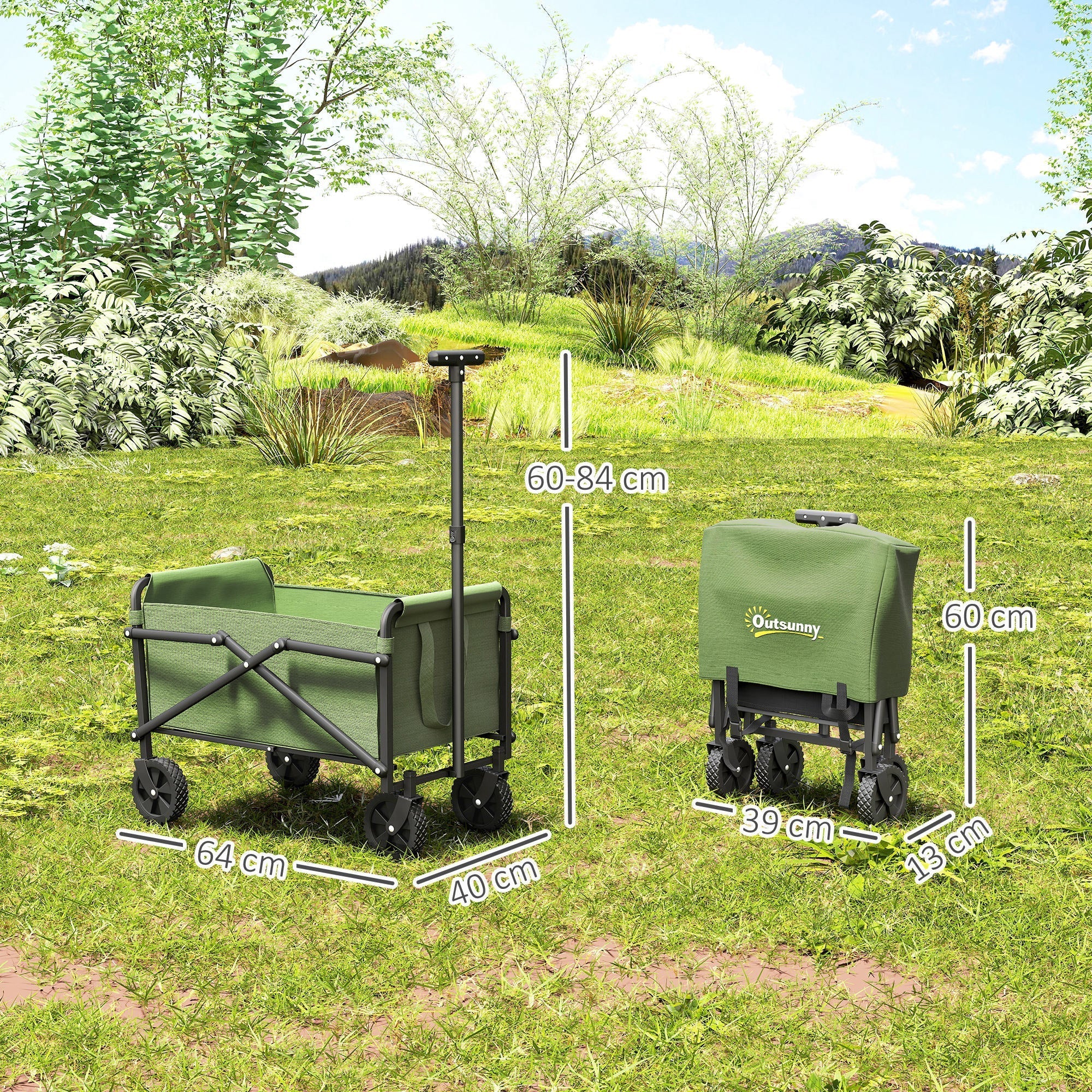 Green outsunny foldable wagon with black frame made of splash-resistant oxford fabric cargo bag included