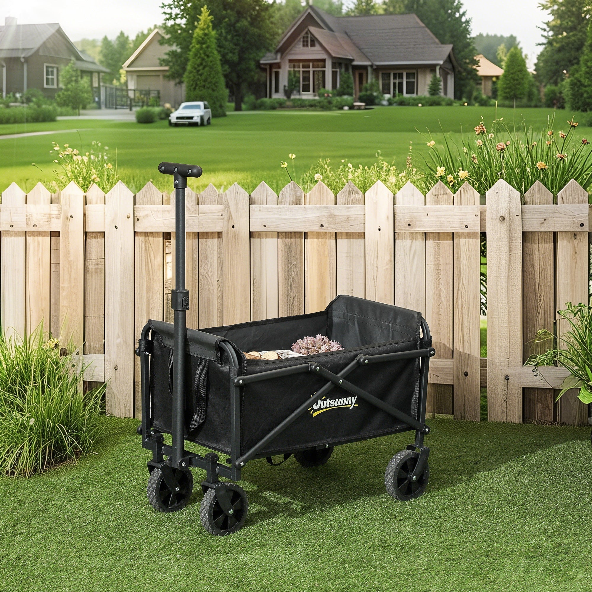 Black foldable wagon with sturdy metal frame wheels oxford fabric cargo bag splash-resistant for camping festival