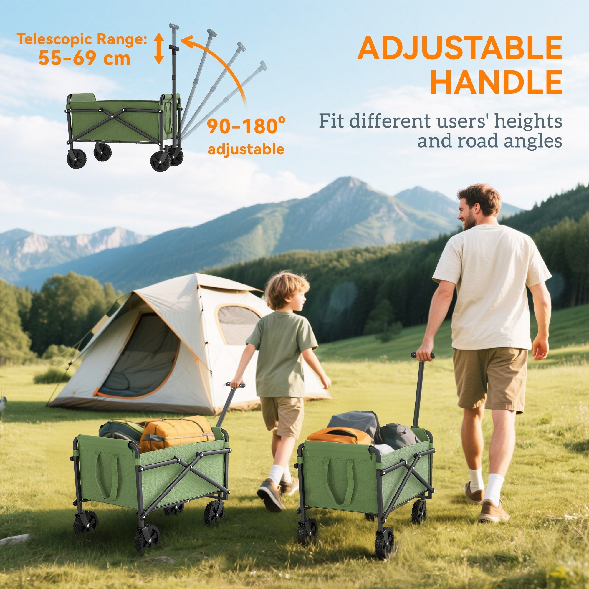 Green foldable camping wagon with adjustable handle made of splash-resistant oxford fabric for easy cargo transport