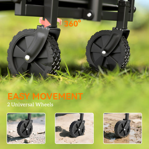 Black plastic 360-degree universal wheels with textured treads and silver axles on outsunny grey oxford fabric cargo bag trolley